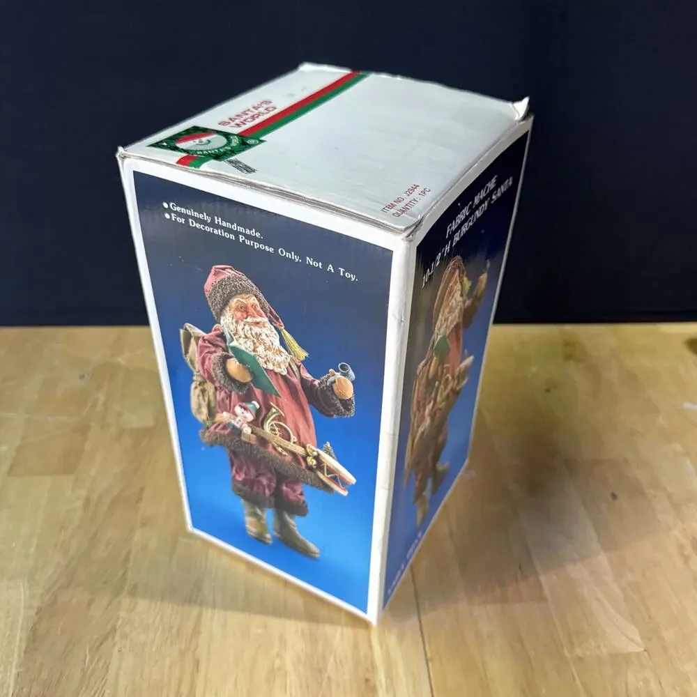 Kurt Adler Santa’s World Fabric Mache 10.5” Burgundy Santa w/ Toys & Box VTG